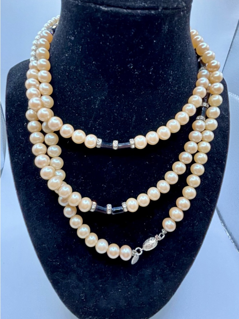Lanvin Paris 49” Pearl Necklace with glass/rhinestones Accents